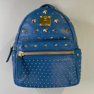 MCM Blue Gold-Studded Mini Backpack